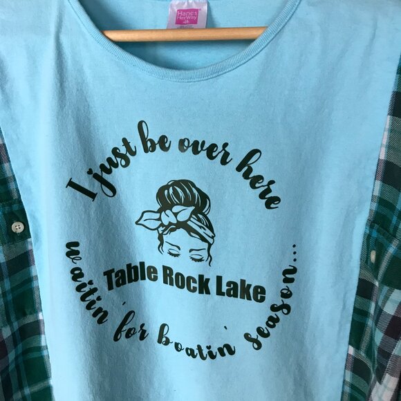 Table Rock Lake Oversized Graphic Tshirt, M-L: Boating Theme Flannel Tee Upcycle - Picture 9 of 9
